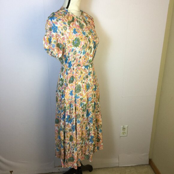 Playa Lucila Midi Fit & Flare Dress XS Womans Pink Blue Floral Short Sleeve Boho - Picture 2 of 14